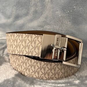 Michael Kors Women's Belt Off White with MK Logo Silver Buckle